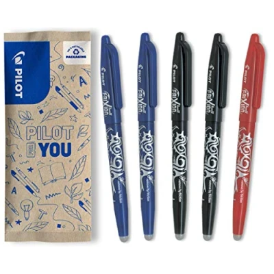 Image de PILOT Lot de 5 Frixion Ball Stylo effaçable à encre thermosensible roller rechargeable fabriqué partir plastique recyclé 2 Bleus, Noir, 1 Rouge Pointe moyenne
