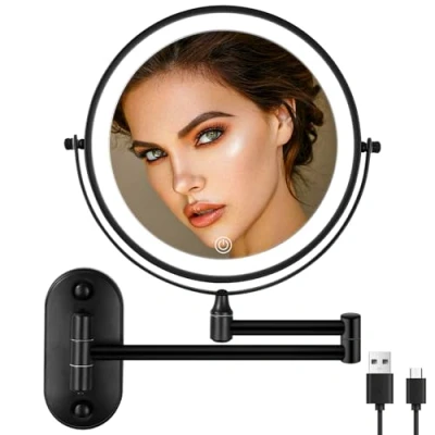 Afbeelding van jutyum cosmetische wandspiegel met 1X/10X vergroting LED verlichting Wandmake upspiegel dimbare 3 kleuren Zwarte spiegel