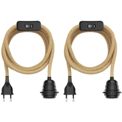 Afbeelding van ledscom.de LEKA Hennepkabel/textielkabel, stekker, schakelaar, beige, 3 m, lampfitting, 1 x E27, max. 60 W, 2 stuks