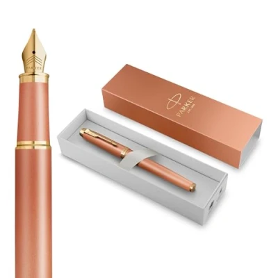 Afbeelding van Parker IM Writing Rituals vulpen Verfrissend oranje Afwerking met kleurverloop en gouden details fijne penpunt blauwe inkt geschenkverpakking