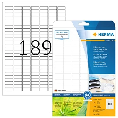 Afbeelding van HERMA 10.700 gerecyclede etiketten 20 vellen 25,4 x 10 mm 189 per A4 vel 200 blanco bedrukbare zelfklevende van gerecycled papier natuurlijk wit