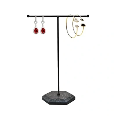 Afbeelding van T vormige sieradenstandaard voor halskettingen, oorbellen, metalen hangers met marmeren dienblad, armbanden, ringen, sleutels, horloges (zwart)