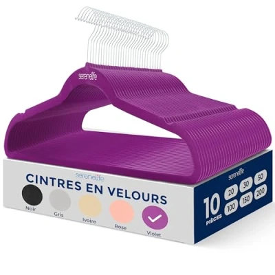 Image de SereneLife Cintres Velours Antidérapants avec Crochet Métal Pivotant 360 Fins, Robustes et Gain de Place Supportent 4,5 kg Pour Vestes, Pantalons, Robes Lot 10
