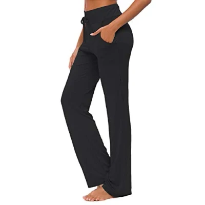 Afbeelding van Yogabroek voor dames met zakken, rechte pijpen, comfortabel, trekkoord, lange en actieve broek, zwart.
