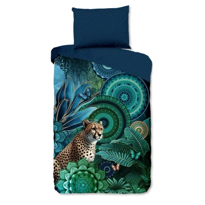 Afbeelding van Cheqo® Luxe Satijnen Dekbedovertrek 140x200 cm Mandala en Luipaard Print Groen/Blauw 1 Persoons 100% Katoen Satijn