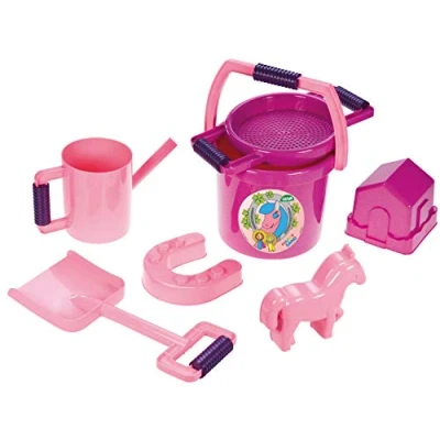 Afbeelding van SIMM Speelgoed Happy Pony, voor kinderen vanaf 2 jaar, strandspeelgoed met emmer, zeef, huisvorm, hoefijzer, grote zandschep en gieter, 5445, snoeproze