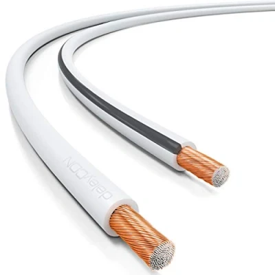 Afbeelding van deleyCON 50 m kabel voor luidspreker, 2 x 0,75 mm², aluminium, met koper gecoat, CCA merk, polariteit, 24 0,20 mm, BauPVO/CPR strengen, wit