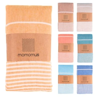 Afbeelding van MOMOMUS XXL stranddoek met franjes en 100% katoen, ideaal als groot zandvrij strandlaken, picknickdeken, zandvrije reuzenpareo, zwembadmat, mosterd, 210 x 240 cm