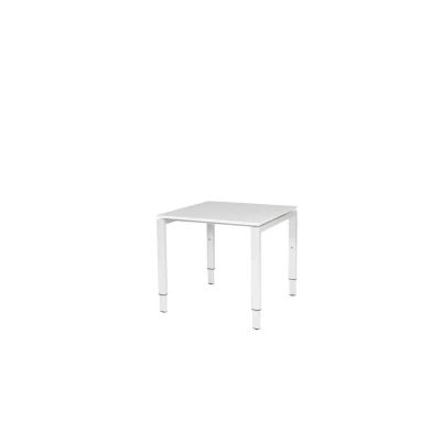 Afbeelding van Domino bureau, hoogte instelbaar (62 85cm) met 80x80cm &#039;zwevend&#039; krijtwit 25mm blad en wit (RAL9010) N poot frame.