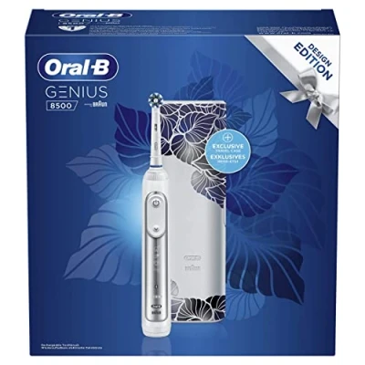 Afbeelding van Oral B Designeditie Genius 8500 Oplaadbare Elektrische Tandenborstel Powered By Braun, 1 Premium Zilver Verbonden Handvat, 5 Zichtbare Poetsstanden, Opzetborstel, Reisetui