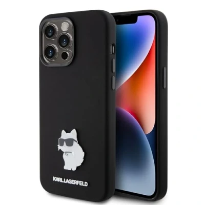Afbeelding van Karl Lagerfeld Siliconen Choupette Metal Pin hoesje voor iPhone 15 Pro Max zwart