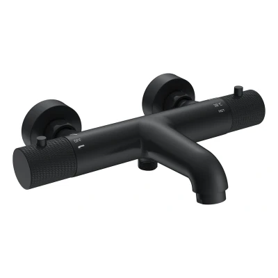 Afbeelding van Wiesbaden Ribbd thermostatische badmengkraan hartafstand 15 cm mat zwart