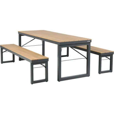 Afbeelding van AXI Chianti Tuinset met 2 banken Antraciet Teak look Polywood Gepoedercoat aluminium frame Picknicktafel tafelblad en zitvlak 200x72cm