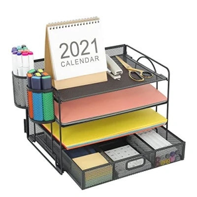 Afbeelding van Marbrasse bureau organizer van mesh, 4 niveaus met lade en penhouder, mesh voor kantoorbenodigdheden (zwart)