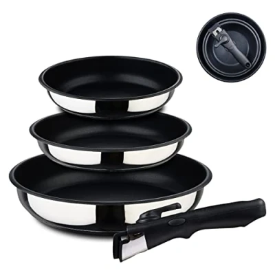 Afbeelding van Bergner Click&amp;Cook Pannenset 4 stuks 18, 20 en 24 cm + Afneembare handgreep Roestvrij staal met antiaanbaklaag Voor alle kookplaten ovens Koekenpan
