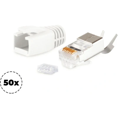 Afbeelding van RJ45 krimp connectoren (STP) voor CAT6/6a/7/7a netwerkkabel (vast/flexibel) 50 stuks (3 delig) / wit