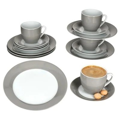 Afbeelding van MamboCat Variant koffieservies grijs, 18 delig, van kleurrijk porselein voor 6 personen, koffiekopjes 200 ml, schoteltjes en taartborden, servies de kleine