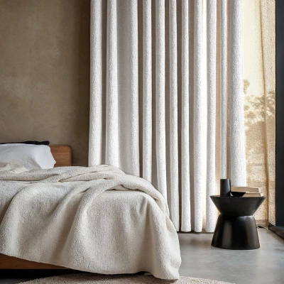Afbeelding van Gordijnen Bouclé Haken &amp; Ringen Fresh and Co Effen 300 x 250 cm, Ophangsysteem: Haken, Kleur: Off White Ga naar Dekbed Discounter.nl Profiteer