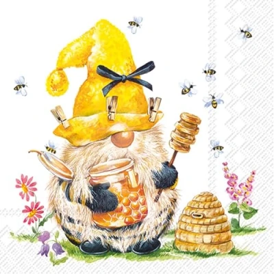 Afbeelding van 20 stuks papieren servetten met bloemenpatroon, tuinkabouter en natuurmotief als imker tafeldecoratie, ook geschikt voor decoupage servettechniek, 33 x cm