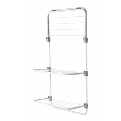 Afbeelding van Kleeneze KL081674EU7 Hangend droogrek met drie niveaus, verstelbare vleugels, gemaakt van robuust staal, robuuste kunststof scharnieren, deurbevestiging, roze/wit