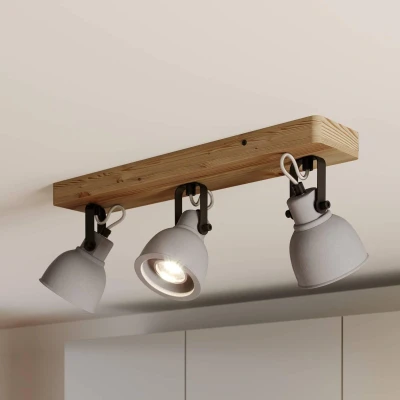 Afbeelding van Lindby plafondlamp 3lichts dennenhout, beton H: 19 cm GU10 grijs, hout donker