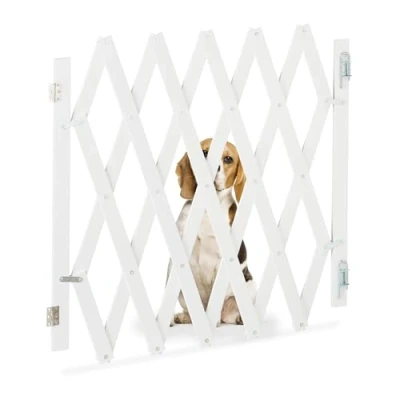 Afbeelding van Relaxdays Uitschuifbaar veiligheidshek voor honden, tot 126 cm hoogte, 70 82 cm, bamboe, trappen en deuren, wit