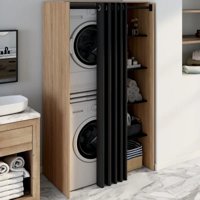 Image de Meuble pour buanderie double machine à laver 180 cm hêtre et noir avec rideau coulissant IDMarket