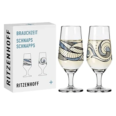 Afbeelding van borrelglas, 40 ml, set van 2, serie Brauchzeit nr. 5 + 6, watermotief, rond, blauw en grijs