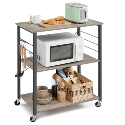 Afbeelding van VASAGLE KKS067K02 Keukenrek op wielen, 3 niveaus, serveerwagen voor mini oven, magnetron, metalen frame, 6 haken, 40 x 80 89 cm, grijs gemêleerd zwart