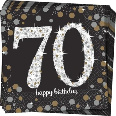 Afbeelding van 16x stuks 70 jaar verjaardag feest servetten zwart met confetti print 33 x cm Wegwerp servetjes