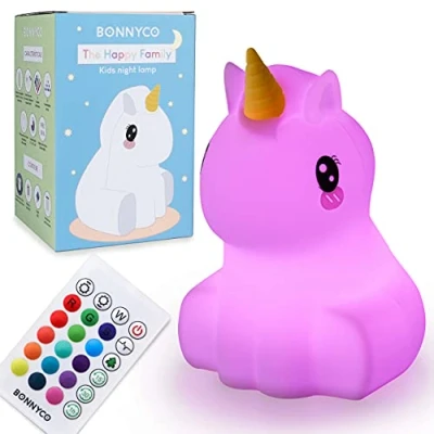 Image de Veilleuse Enfant avec Télécommande, Contrôle Tactile 16 Couleurs BONNYCO Licorne Bébé Minuterie Lampe Led Sans BPA de Chevet Fille Rechargeable, Cadeau Bebe