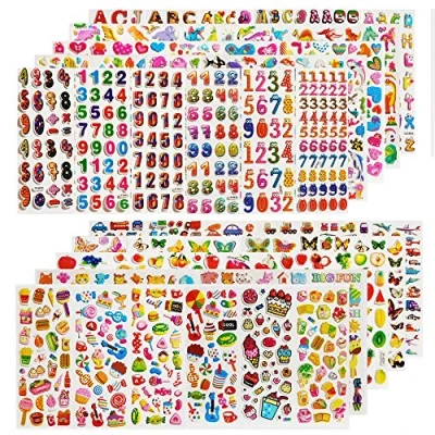 Afbeelding van 60 vellen (1800+) kinderstickers, 3D opgeblazen stickers voor scrapbooking, bullet journal, inclusief visvoertuig, hartnummer, fruit, dinosaurus, vlinder, dessert,