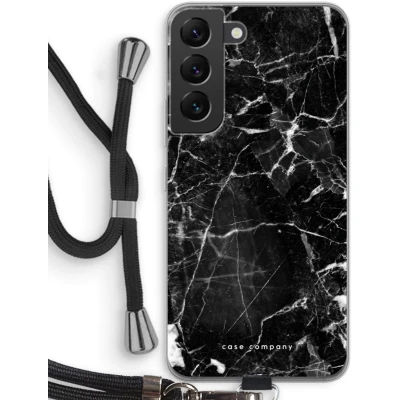 Afbeelding van Case Company® hoesje met Koord geschikt voor Samsung Galaxy S22 Zwart Marmer Telefoonhoesje Bescherming aan alle Kanten en Over de Schermrand