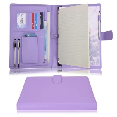 Afbeelding van Wonderpool A4 PU lederen aktetas met 4 ringen afneembare map, klembord en functioneel vak voor organizer, kantoor, reizen, school (paars)
