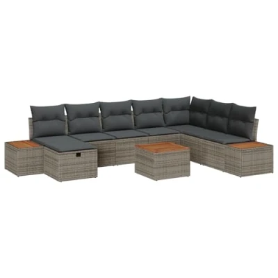 Afbeelding van vidaXL 9 delige tuin sofa set met kussens grijs poly rattan