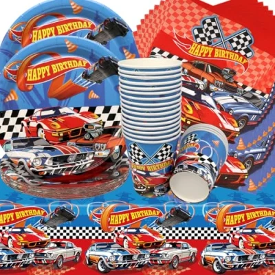 Afbeelding van Doyomtoy 61 stuks raceborden voor autoverjaardag, autodecoratie, verjaardagsborden, kopjes, servetten kinderen, auto themafeestaccessoires