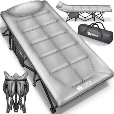 Afbeelding van tillvex® opvouwbaar campingbed met draagtas tot 200 kg, extra grote campingstoel, voor binnen en buiten, logeerbed tuin, camping, vissen,