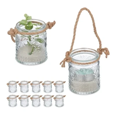 Afbeelding van Relaxdays windlicht met touwtje set van 12 theelichtglazen patroon vintage