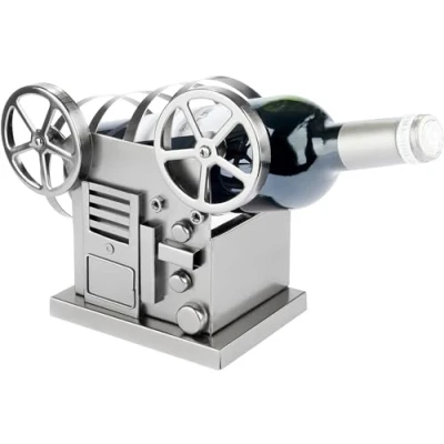 Afbeelding van BRUBAKER Wijnfleshouder Filmprojector Metalen Flessenhouder Retro met Spoelen Wijncadeau voor Bioscoopdate of Vouchers Fleshouder Sculptuur Inclusief Cadeaukaart