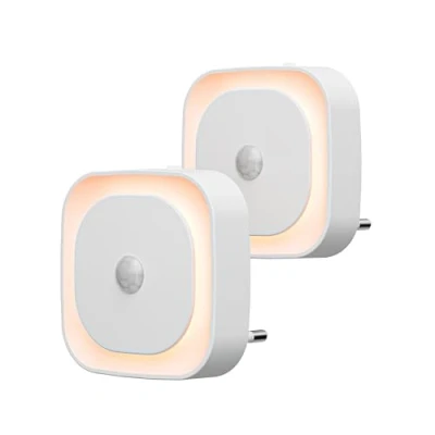 Afbeelding van YUNLEX Set van 2 dimbare nachtlampjes met bewegingsmelder, indirect licht, automatisch stopcontact voor baby, kinderkamer, slaapkamer, hal, trap (amber)