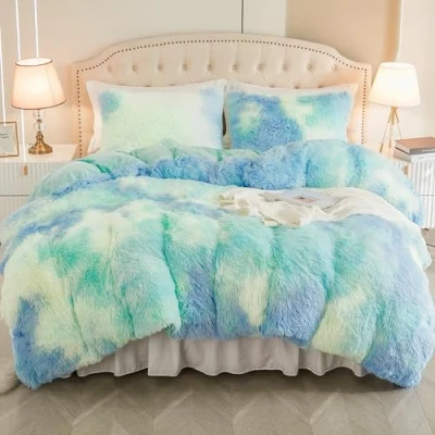 Afbeelding van EMME Flanellen beddengoedset met dekbedovertrek 135 x 200 cm en 1 kussensloop 80 cm, voor langpolig bed, blauw groen