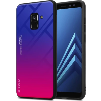 Afbeelding van Cadorabo Hoesje geschikt voor Samsung Galaxy A8 2018 in PAARS ROOD Tweekleurige beschermhoes van TPU silicone Case Cover en achterzijde gehard glas