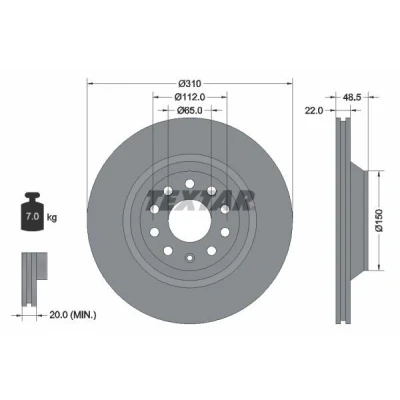 Afbeelding van TEXTAR 92140700 Remschijf 310 22 05/10 112 Buiten geventileerd Zonder wielbevestigingsbout, wielnaaf VOLKSWAGEN: Golf 7, 6, 5