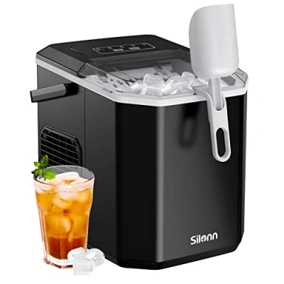 Afbeelding van Silonn IJsblokjesmachine, kleine ijsblokjesmachine met handvat, zelfreinigende mand en schep, 9 ijsblokjes in 6 minuten, 12 kg per dag, ideaal voor thuis, keuken, camper