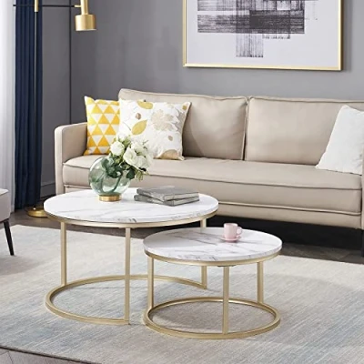 Afbeelding van HJhomeheart Set van 2 ronde bijzettafels, salontafel, groot: 60 x 45 cm; klein: 40 35 cm wit/goud