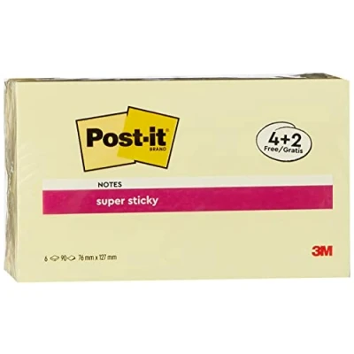 Afbeelding van Post it super Sticky notities, kleur: kanariegeel, 76 mm x 127 mm, 90 vellen/blok, 4 blokken + 2 gratis, pastelgeel, zelfklevende notities voor