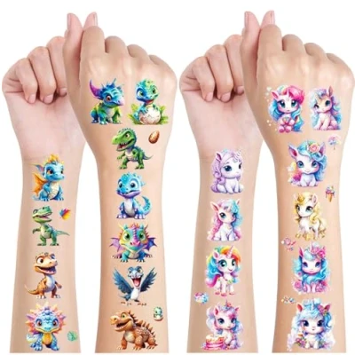 Afbeelding van Tattoo tijdelijke glitter voor kinderen, 12 vellen, tatoeages eenhoorn en dinosaurus, eenhoorn, cadeaus meisjes, decoratie, verjaardag, tatoeage, waterdicht,