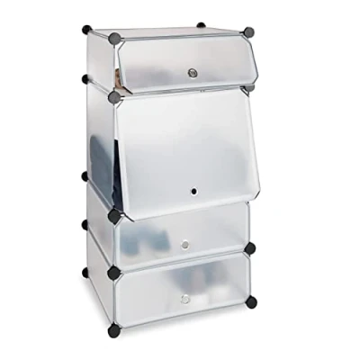 Afbeelding van Relaxdays Schoenenkast van kunststof, 4 gesloten vakken, 91 x 49 36,5 cm, rek met 8 paar schoenen, modulair, transparant, staal