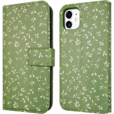 Afbeelding van iPhone 11 Hoesje Met Pasjeshouder iMoshion Design Bookcase smartphone Groen / Green Flowers