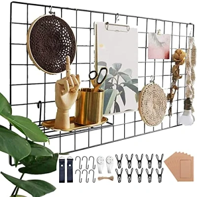 Afbeelding van Wandrooster, zwart, wanddecoratie, multifunctionele rasterwand, doe het zelf metalen rooster, fotowand, memobord voor keuken, kantoor enz., 40 x 80 cm